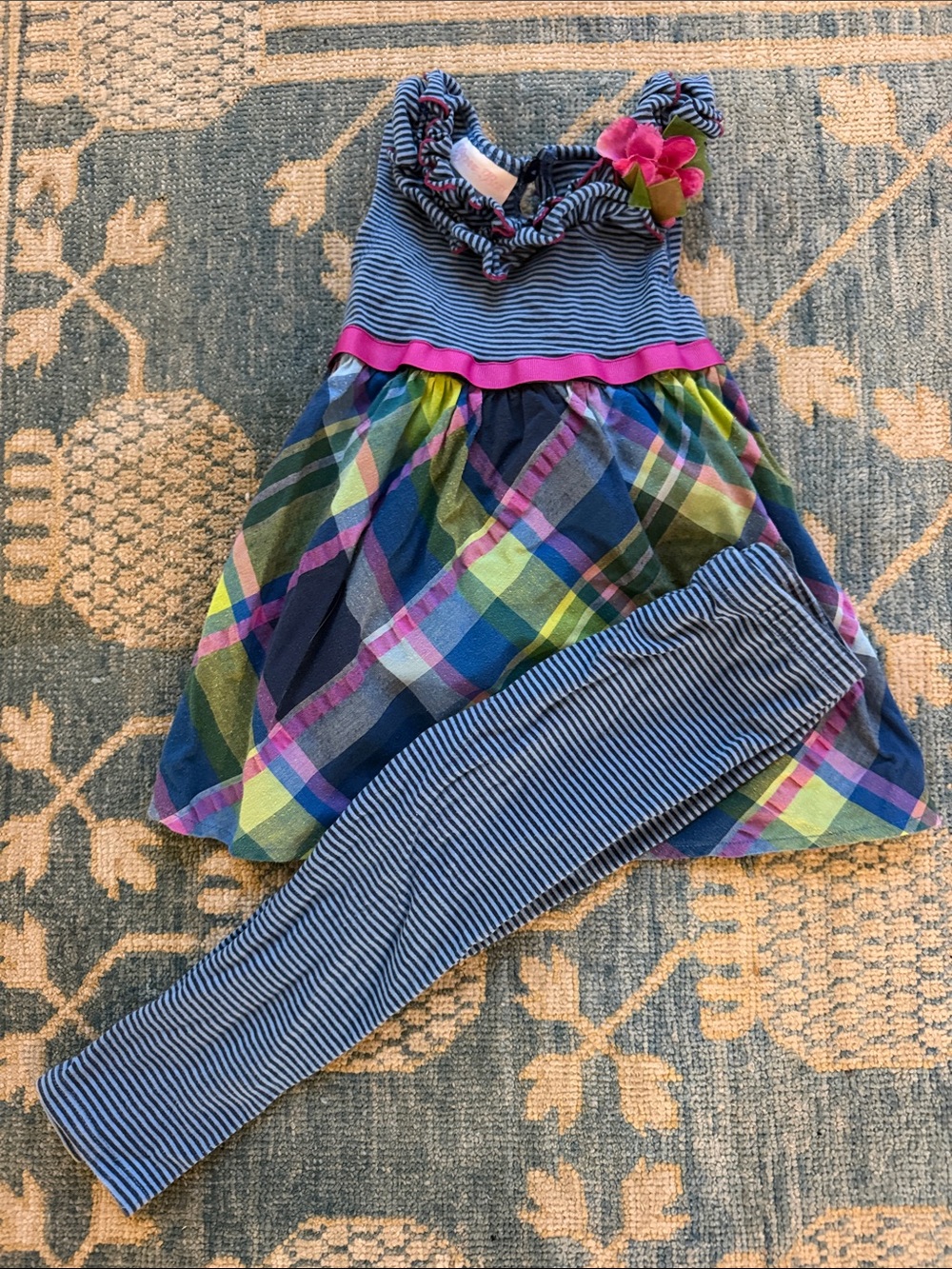 Bonnie Jean Blue Multicolor Plaid Dress and Striped Leggings Set